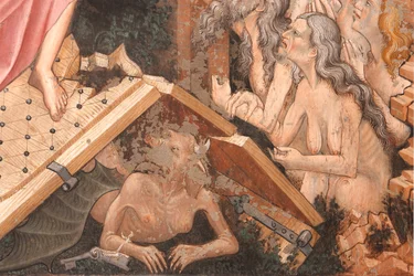 Auferstehung und Abstieg in den Limbus (Detail): die Tore der Hölle und die Figur des Teufels am Boden