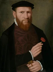 Porträt eines Mannes mit einer roten Nelke in der rechten Hand und einem Handschuh in der linken, 1540-51