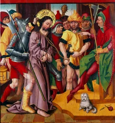 Jesus vor Herodes Antipas. Tafel des Passionsaltars des Meisters der Badener Nelke (15. Jahrhundert), Dijon, Museum der Schönen Künste