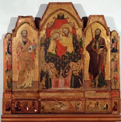 Triptychon der Krönung der Jungfrau mit den Heiligen Petrus und Paulus, Meister des Polittico di Corleone