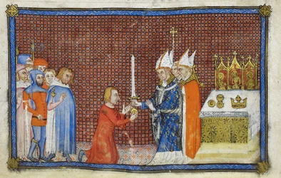 Der Erzbischof von Reims gibt das Schwert an den König zurück, Illustration aus 