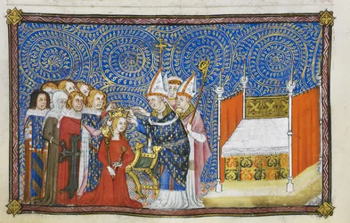 Der Erzbischof von Reims setzt der Königin die Krone auf und die Barone stützen ihre Krone, Illustration aus dem 