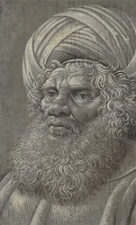 Kopf eines bärtigen Mannes mit Turban recto, lateinische Schrift verso, ca. 1510