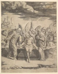 Christus sitzt auf dem Grab, unterstützt von Engeln