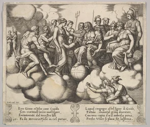 Tafel 30: Venus und Amor plädieren in Anwesenheit von Jupiter und anderen Göttern..., 1530-60