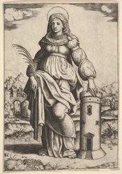 Heilige Barbara stehend, Palme in der rechten Hand, linke Hand auf einem Turm ruhend, 1530-60