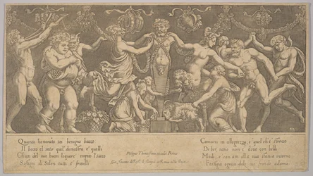 Das Opfer an Priapus, der in Form einer Statue in der Mitte steht, Bacchus und ein Sa..., 1530-60