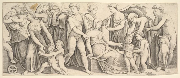 Die Hochzeit von Jason und Kreusa, links nimmt Medea ihre Kinder, 1530-60