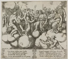Venus und Amor plädieren in Anwesenheit von Jupiter und anderen Göttern
