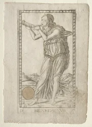 Melpomene Tragödie aus der Tarocchi-Serie D: Apollo und die Musen, Nr. 17, vor 1467