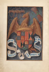Stunden der Königin Isabella der Katholischen, Königin von Spanien: Fol. 1v, Wappen und Mottos von Isabel..., um 1500