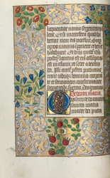 Stundenbuch (Gebrauch von Rouen): fol. 18v, Gebete an die Jungfrau, Großes Initial O mit aufwendigem Rand