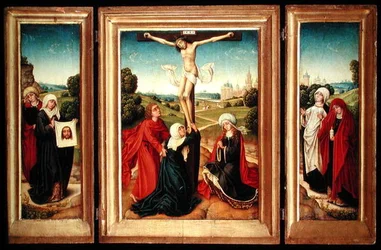 Triptychon mit dem zentralen Panel, das die Kreuzigung mit der Jungfrau, St. Johannes und Maria Magdalena darstellt; der linke Flügel: St. Veronika und eine Heilige; und der rechte Flügel: Die zwei Marien