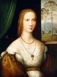 Porträt einer Dame, halblang, trägt ein weißes Kleid mit goldenen Ärmeln