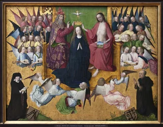Die Krönung Mariens. Darstellung der Heiligen Dreifaltigkeit: Gott, Jesus Christus und die Taube des Heiligen Geistes. Gemälde des Meisters der Lyversberger Passion (tätig 1460-1490), frühe deutsche Kunst des 15. Jahrhunderts. München, Alte