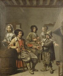 Junge schenkt einem Landmann ein Glas Wein ein, um 1650