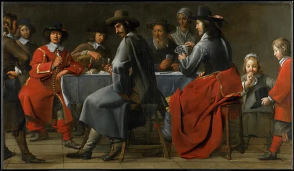 Versammlung von Spielern mit Drehorgelspieler, ca. 1660