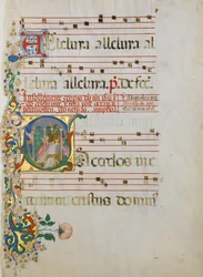 Manuskriptblatt mit der Feier einer Messe in einem Initial S