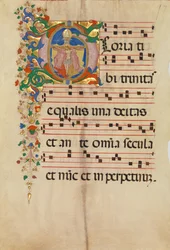 Manuskriptblatt mit der Dreifaltigkeit in einem Initial G, aus einem Antiphonar, zweite Hälfte des 15. Jahrhunderts