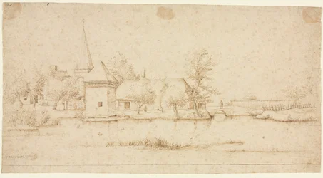 Landschaft mit einem Dorf mit Wassergraben