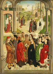 Die Hochzeit von Maria. Im Hintergrund (von links nach rechts) die Geburt Marias, Joachim wird aus dem Tempel vertrieben, die Verkündigung an Joachim, das Treffen am Goldenen Tor und die Darstellung Marias im Tempel