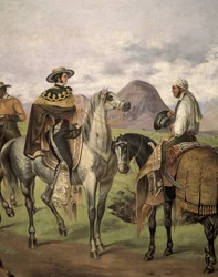 Charros (mexikanische Reiter) in prächtigen Kleidern. Werk von Mateo Saldana (20. Jahrhundert)