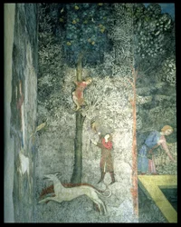 Jagdhunde und Männer klettern auf einen Baum, Detail (Dekorationsschema aus La Chambre du Cerf)