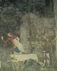 Männer jagen mit Hunden, Detail (Dekorationsschema aus La Chambre du Cerf)