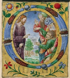 Ausschnitt aus einem Missale: Initiale O mit Christus, der einen Exorzismus durchführt