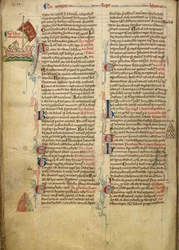 Royal 14 C. VII, f.116v Randzeichnung von König Heinrich III., der den Ärmelkanal nach Bretagne überquert, mit einem Teil des begleitenden Textes in der Handschrift des Autors, Illustration aus 