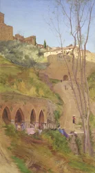 Wäscherin am Waschbrunnen, San Gimignano, Italien
