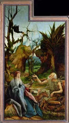 Der Isenheimer Altar. Linker Flügel: Begegnung von St. Antonius und St. Paulus dem Einsiedler in der Wüste