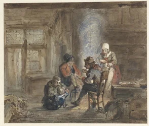 Interieur mit einer Familie um einen Herd