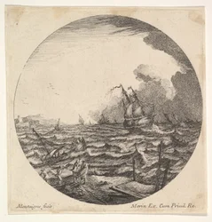 Sturm in einer Rundkomposition, links werfen Wellen ein kleines Schiff mit sieben Personen um, ca. 1625-60