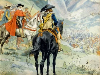 Geschichte Frankreichs: Mantuanischer Erbfolgekrieg (1628-1631) während des Dreißigjährigen Krieges. Die Schlacht am Pas de Suse mit König Ludwig XIII. (1601-1643) und Kardinal Richelieu (Armand Jean du Plessis)