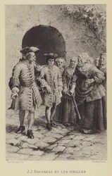 Jean-Jacques Rousseau mit den alten Frauen (Gravur)