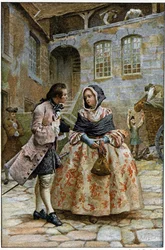 Die erste Begegnung - in „Geschichte der Manon Lescaut und des Chevalier Des Grieux“ von Abbé Prévost (1697-1763), französischer Schriftsteller. Gravur nach Zeichnungen von Maurice Leloir (1885).