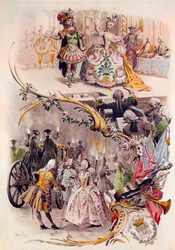 Hochzeitsmenü mit Illustration von Maurice Leloir (1851-1940) von Bällen in Kostümen und galanten Szenen, 6/04/1900