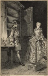 Die Entdeckung des Diebstahls - in „Geschichte der Manon Lescaut und des Chevalier Des Grieux“ von Abbé Prévost (1697-1763), französischer Schriftsteller. Stich nach Zeichnungen von Maurice Leloir (1885).
