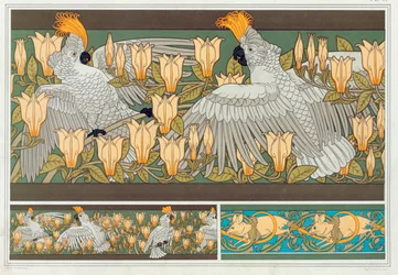 Entwurf für die Tapetenbordüre Kakadu und Magnolie, veröffentlicht 1897.