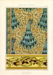 Pfauen und Fische in Jugendstilornamentik (Litho)