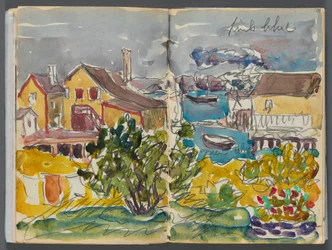 Skizzenbuch - The Granite Shore Hotel, Rockport, Seite 128 & 129: Häuser am Hafen