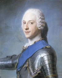 Porträt von Prinz Charles Edward Stuart, Büste, im Profil nach links, Kopf nach vorne gedreht, rechter Arm erhoben