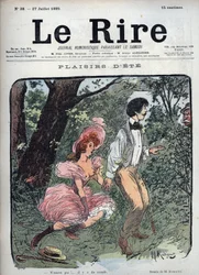 Sommervergnügen - Zwei Liebende werden in einem Wald von einem Passanten überrascht - Illustration von Maurice Radiguet (1866-1941) für die französische Zeitschrift Le Rire Nummer 38 von 1895