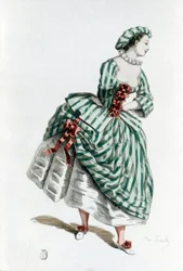 Kostüm und Maske der Colombine (Corallina) im Jahr 1855, einer weiblichen Figur der Commedia dell