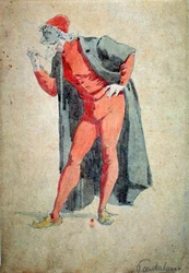 Kostüm und Theaterfigur: Pantalone (Hosen, Doktor). Aus „Masken und Spaßmacher“ (italienische Komödie oder Commedia dell
