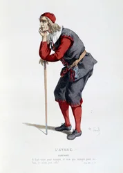 Kostüm für die Figur des Harpagon in Molières (Jean Baptiste Poquelin) Stück „Der Geizige“. Illustration von Maurice Sand (1823-1889), 19. Jahrhundert, Paris, Comédie-Française