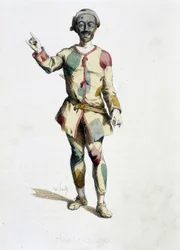 Harlekin (Arlecchino), Illustration aus „Masques et bouffons“ (Italienische Komödie), Text und Zeichnungen von Maurice Sand, Drucke von A. Manceau, Vorwort von George Sand