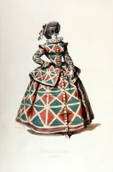 Harlekinkostüm und -maske im Jahr 1855, weibliche Harlekinfigur aus der Commedia dell