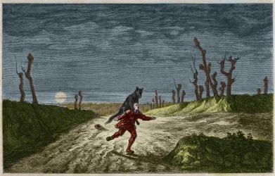 Der Werwolf (Der Werwolf, lupo mannaro), Stich nach einem Gemälde von Maurice Sand. Stich von 1857.